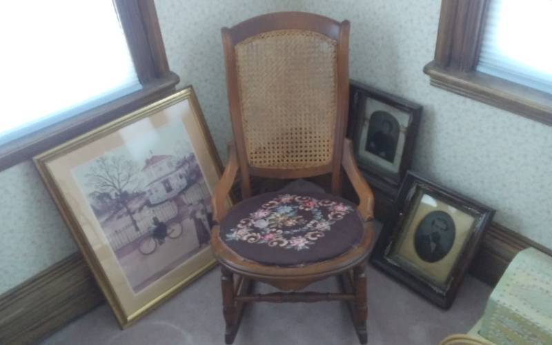 lot 37 image: Cane Back Rocker With Needlepoint Seat, Victorian Picture, Pair Of Mr. & Mrs. (1800s)