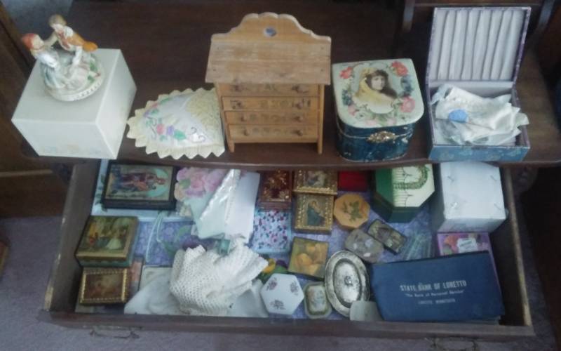 lot 38 image: Collection Of Trinket Boxes, Old Hankies, Wall Pocket, Doilies, Collectibles