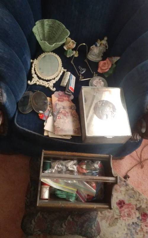 lot 45 image: Sewing Box With Notions, Figurines, Stash Box, Collectibles