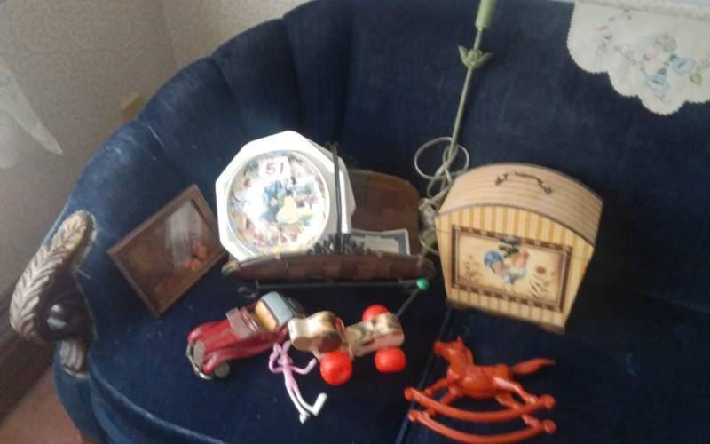 lot 51 image: Snow White Collector Plate, Cast Iron Rocking Horse & Lamp, Magazine Rack, Fancy Box, Misc. Toys