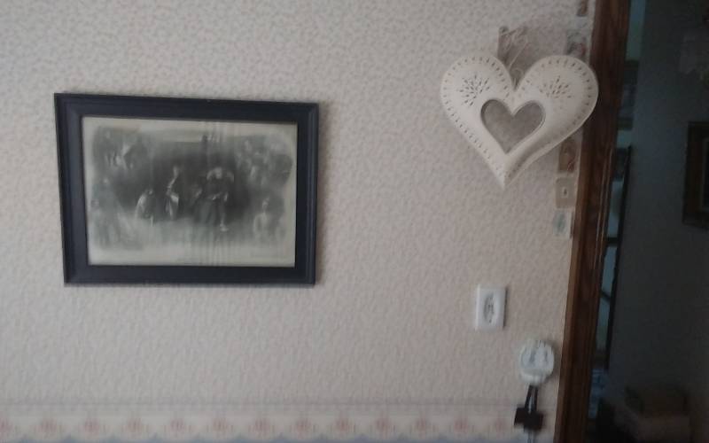 lot 53 image: Picture Home Sweet Home by Balfeur, Metal Heart, Holy Water Container, Rosary, Misc.