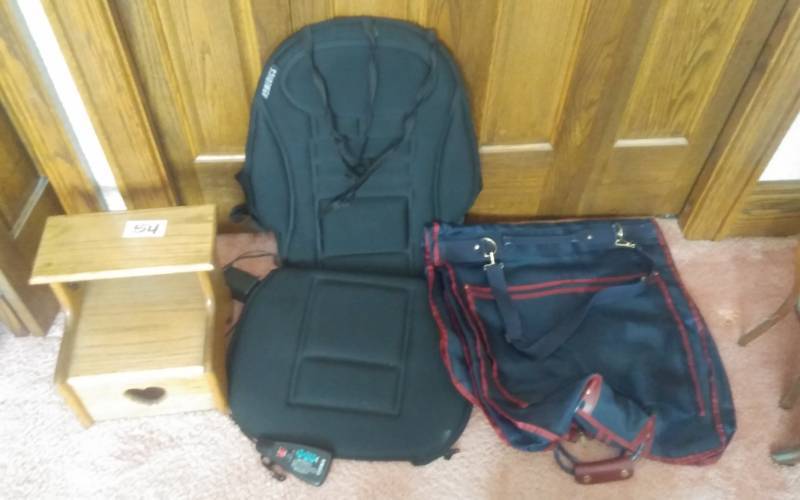 lot 54 image: Massage Chair Pad, Oak Step Stool, Garment Bag