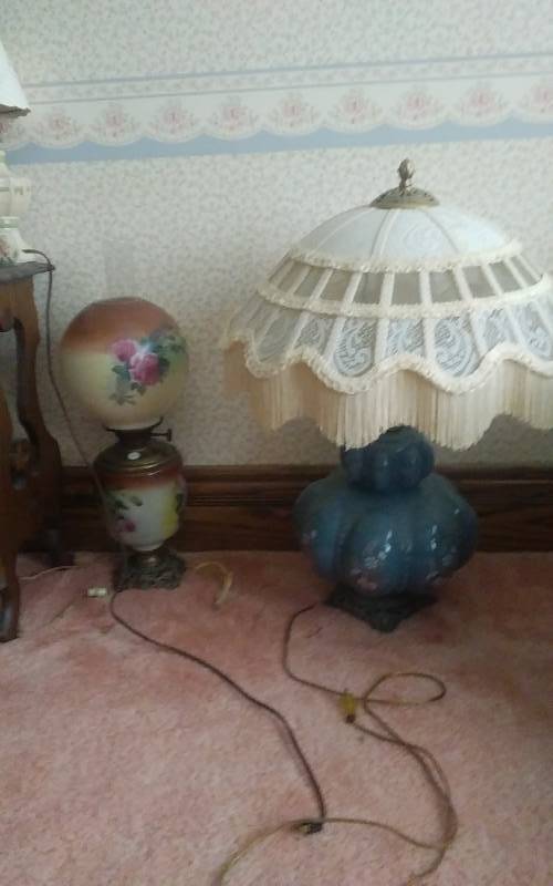 lot 56 image: 2-Lamps, Painted Hurricane, Fancy Fringe Shade