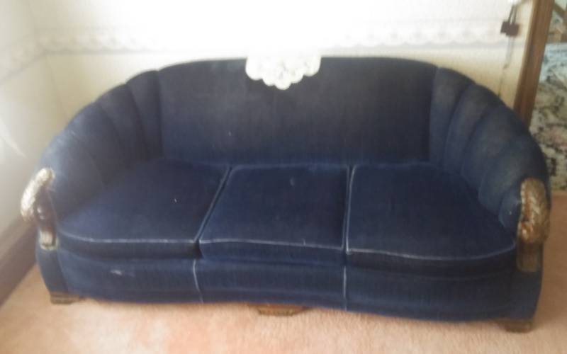 lot 58 image: Vintage Velvet Sofa & Chair With Carved Wood Arms & Legs 78 & 36 Inches Wide. Bring Help To Load-Upstairs