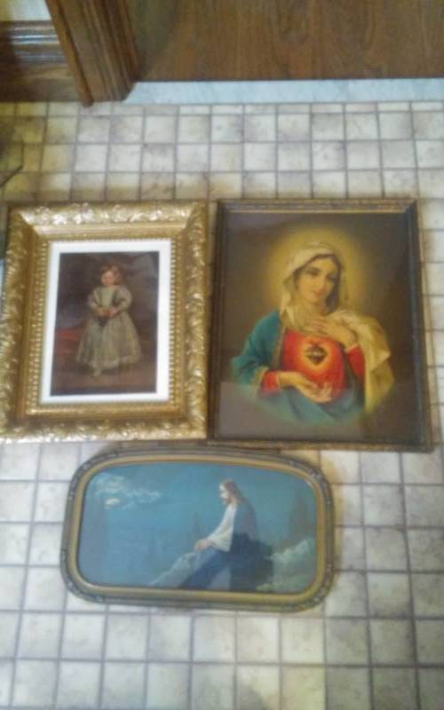 lot 61 image: 2-Religious Pictures & Russian Doll Picture 14x16