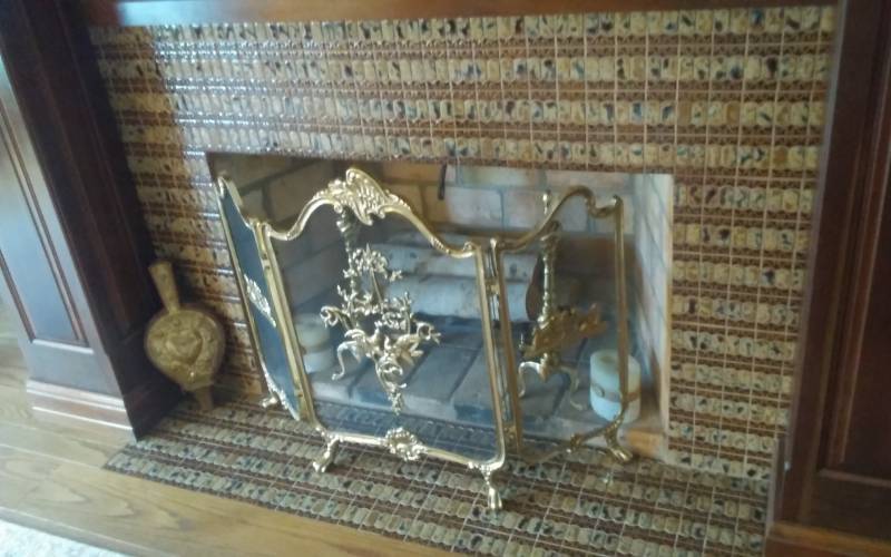 lot 67 image: Fancy Brass Screen, Bellows, Andirons