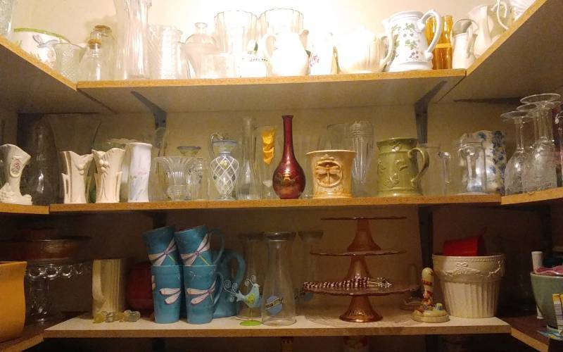 lot 69 image: Pantry Dish Ware, Vases, Pink Cake Stands, Goblets, Mugs, Pitchers  Bring Boxes & Wrap
