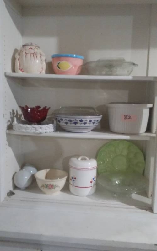 lot 82 image: Lot Of Cookie Jars, Egg Plate, Dishwares, Glass Bowls