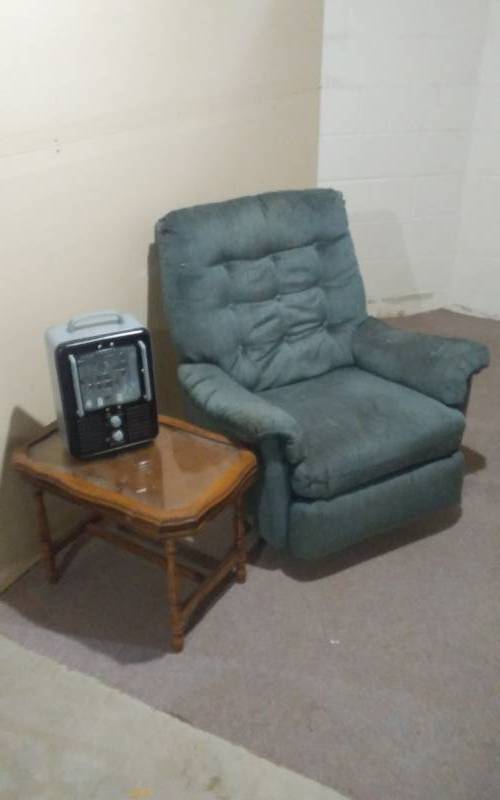 lot 83 image: Blue Recliner, Side Table, Electric Heater
