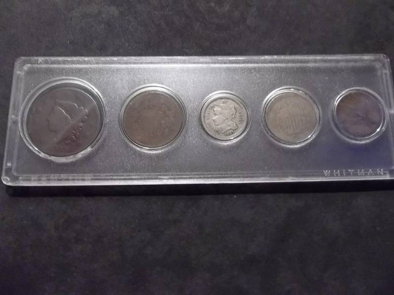 lot 45 image: 1800s Type Coin Set 1835 Large Cent, 1857 Flying Eagle Cent, 1965 2-Cent Piece, 1881 3-Cent Nickel, 1868 Shield Nickel