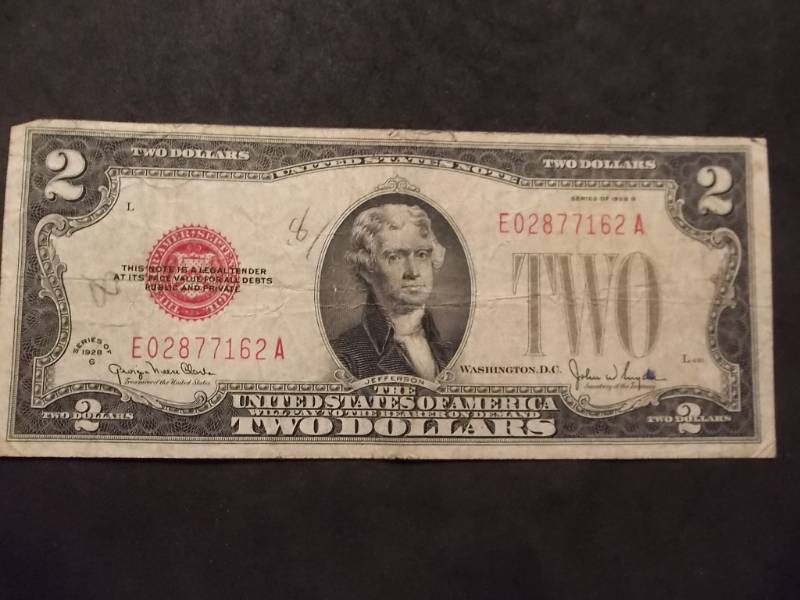 lot 48 image: 2 Dollar Red Seal Bill series 1928G