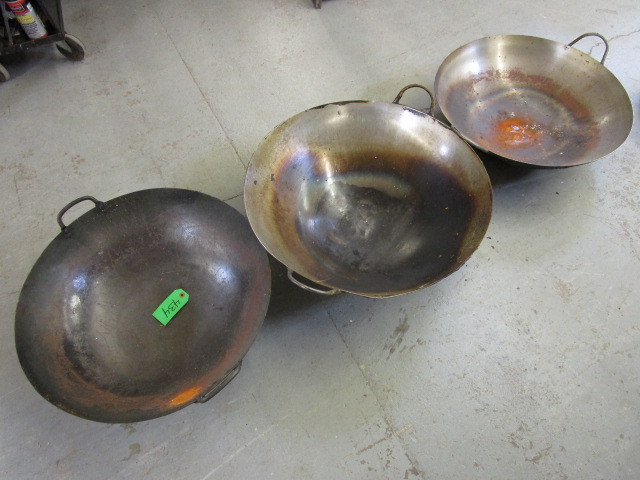 lot 434 image: 3 STAINLESS STEEL WOKS