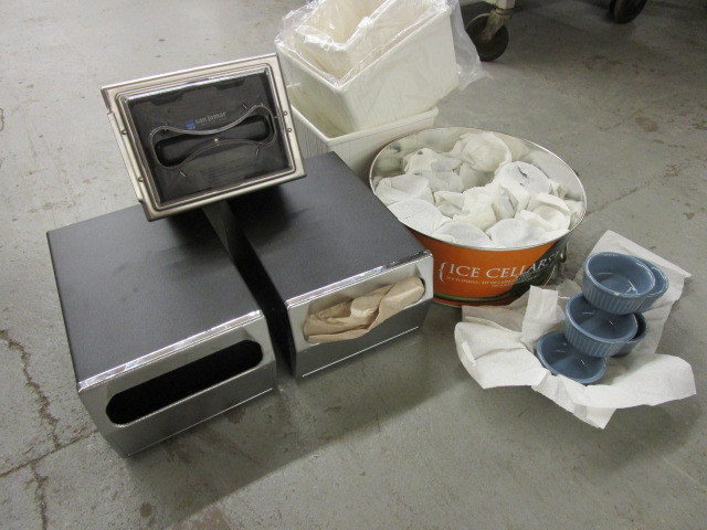 lot 448 image: 3 RESTAURANT STYLE NAPKIN DISPENSERS, PORCELAIN STORAGE CONTAINERS, SET OF 22 ESPRESSO CUPS