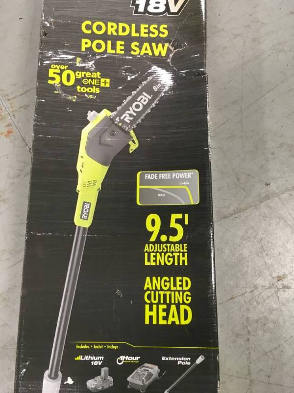 lot 13 image: Ryobi ONE 8 in. 18-Volt Lithium-Ion Cordless Pole Saw 1.3 Ah Battery and Charger Included  Used in good working condition