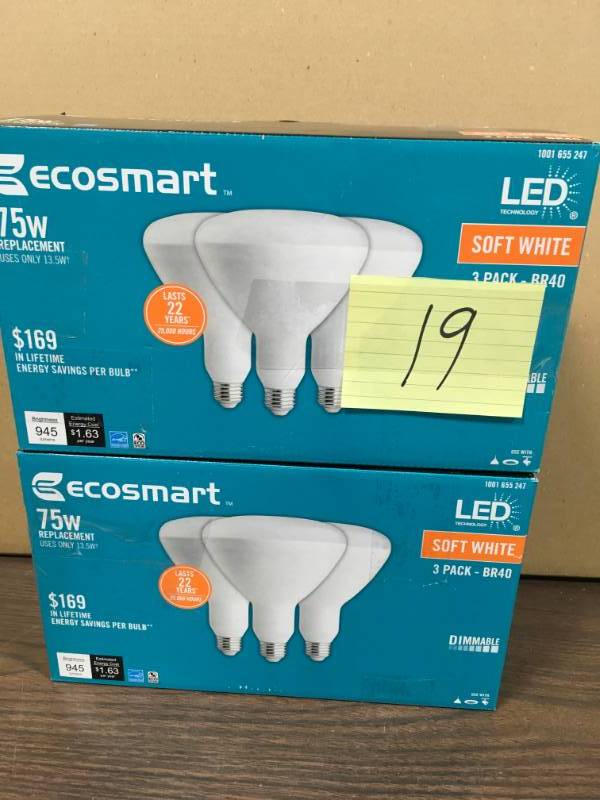 lot 19 image: Ecosmart 75w Equivalent Soft White Br40 Dimmable LED Light Bulb (3-pack)  Lot of 2 New