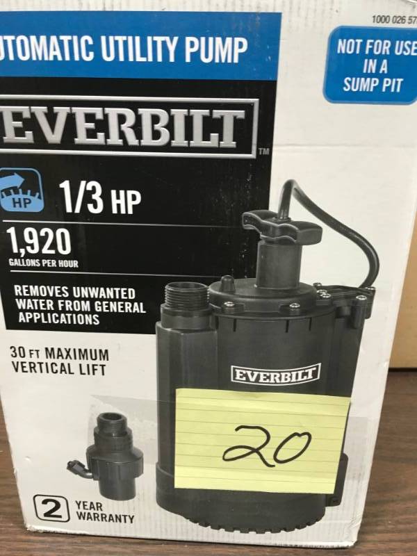 lot 20 image: Everbilt UT03301 13 HP Automatic Submersible Pump in good conditions