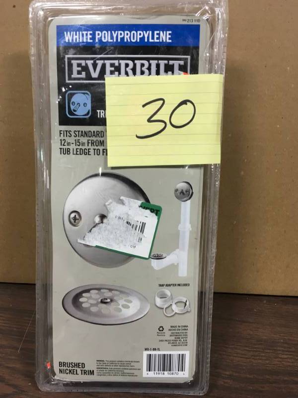 lot 30 image: Everbilit Trip Lever Bath Drain 1-12 White Polypropylene Pipe Brushed Nickel Not used
