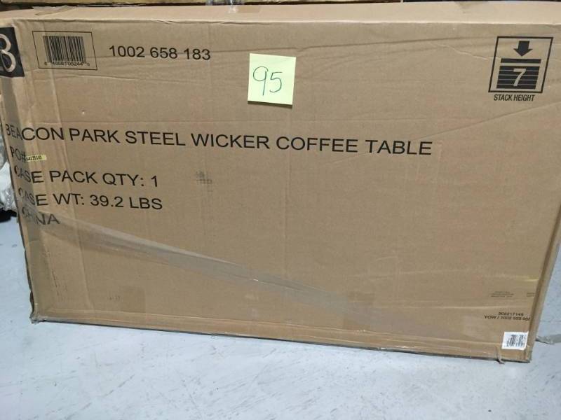 lot 95 image: Hampton Bay  Beacon Park Wicker Outdoor Coffee Table with Slat Top not used
