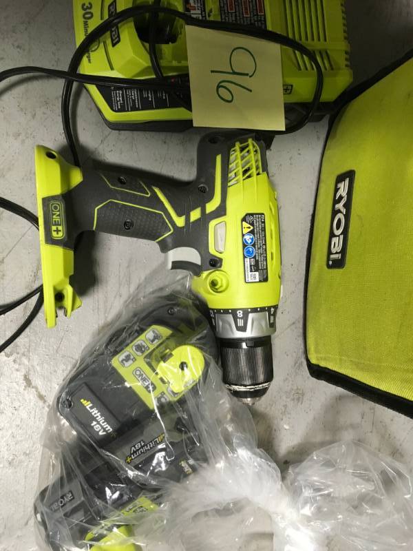 lot 96 image: Ryobi P214 One 18 Volt Lithium Ion 12 Inch, 600-Pound Torque Hammer Drill in good conditions