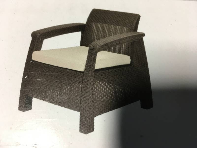 lot 98 image: Keter 214769 Corfu Brown All-Weather Patio Armchair with Tan Cushions not used