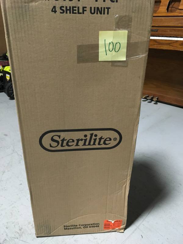 lot 100 image: STERILITE 57 in. H x 34.5 in. W x 14.375 in. D 4-Shelf Plastic Shelving Unit (1-Pack) not used