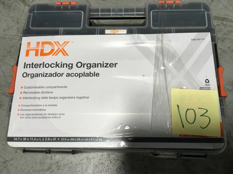 lot 103 image: HDX 15-Compartment Interlocking Small Parts Organizer in Black (2-Pack) not used