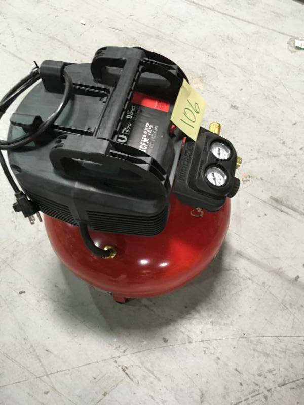 lot 106 image: PORTER CABLE 6 Gal. 150 PSI Portable Electric Pancake Air Compressor in working conditions