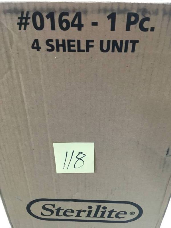 lot 118 image: STERILITE 57 in. H x 34.5 in. W x 14.375 in. D 4-Shelf Plastic Shelving Unit (1-Pack) not used