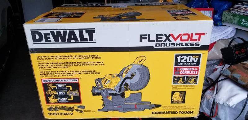 lot 121 image: DEWALT FLEXVOLT 120-Volt MAX Lithium-Ion Cordless Brushless 12 in. Sliding Miter Saw w AC Adapter, Batteries 2Ah and Charger not used
