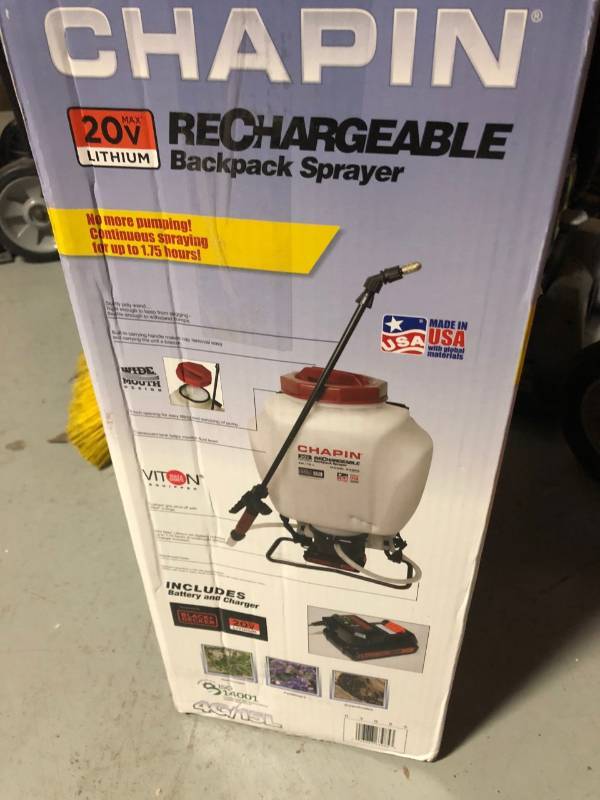 lot 128 image: Chapin 4 Gal. Rechargeable 20-Volt Lithium-Ion Battery Powered Backpack Sprayer in good conditions