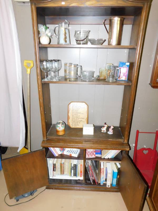 lot 7 image: Wood Shelving Unit With All Contents Included (Glass Item Knick Knacks And Miscellaneous Books Included)