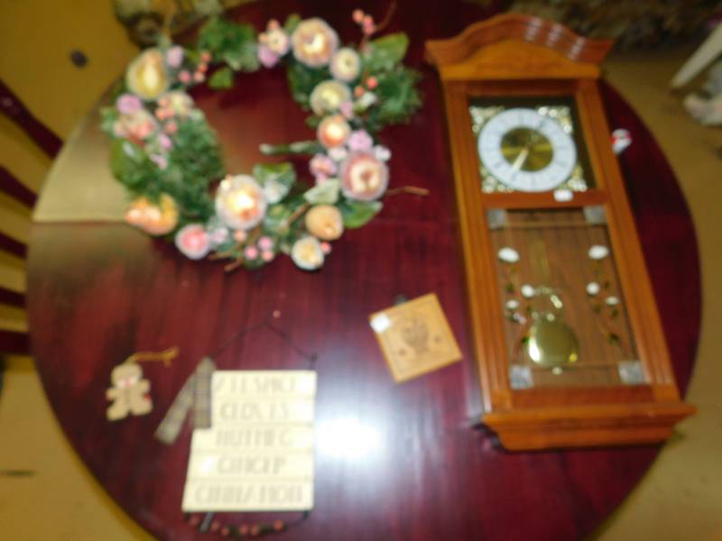 lot 12 image: Westminster Quartz Clock & Wreath Dcor & Two Hanging Home Dcor