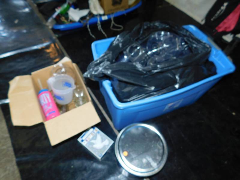 lot 43 image: Bin Full Of U V Vodka Fish Bowls - Blue Thank You Popcorn Tin--Bin Included