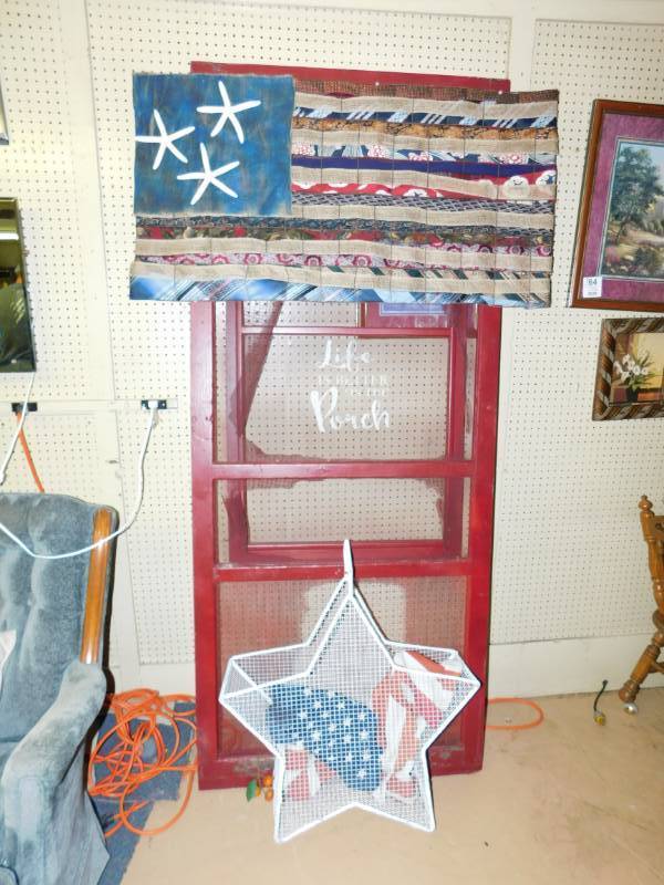 lot 65 image: Flag Made Out Of Gunny Sacks & Ties---(Life Is Better On A Porch) Has A Wire Star Basket..