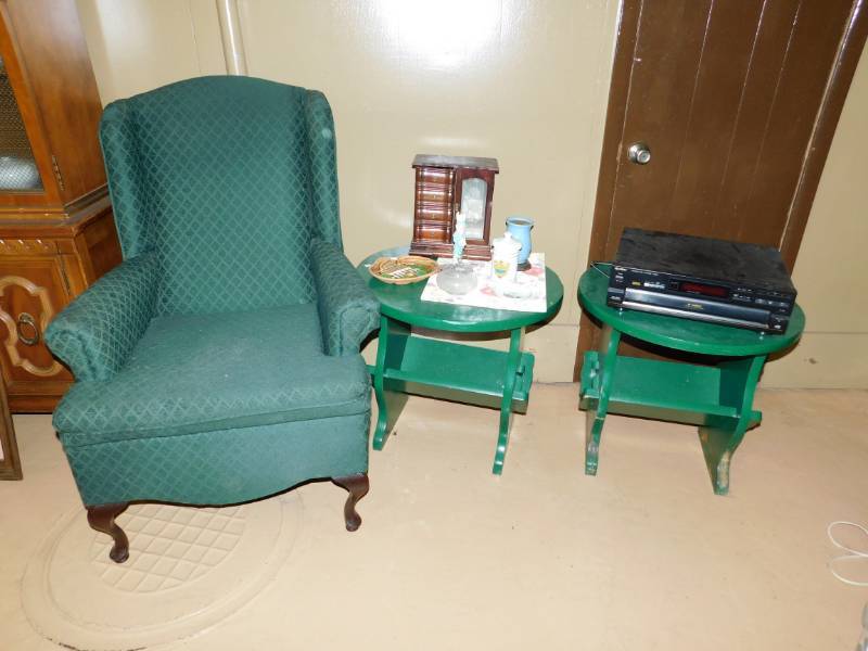lot 85 image: Two Green Tables Quasar Disc CD Player--A Jewelry Box--A Green Chair