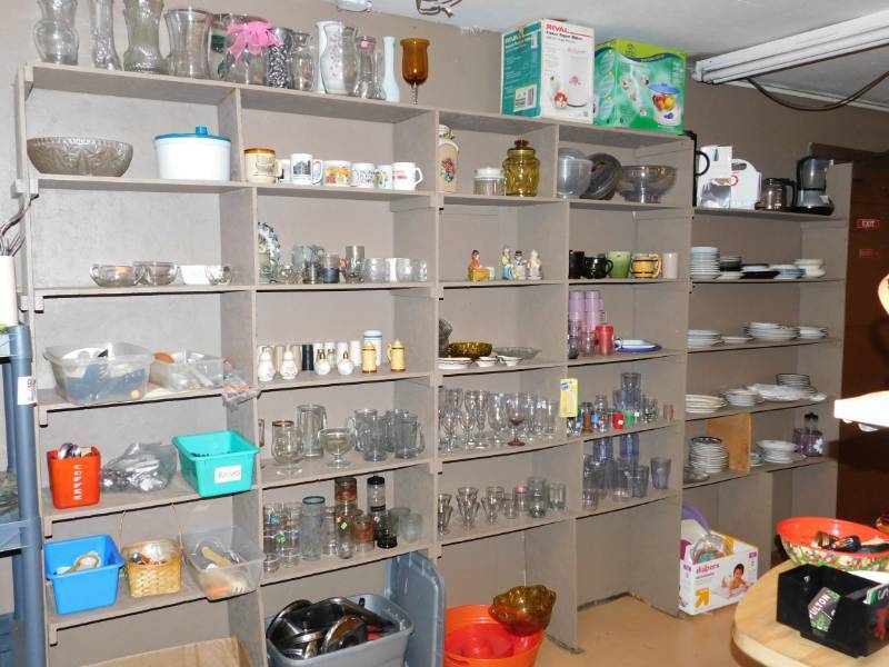 lot 94 image: Merchandise On Shelves(SHELVES NOT INCLUDED)Glasses, Dishes, Frozen Yogurt Maker, Shot Glasses,Etc
