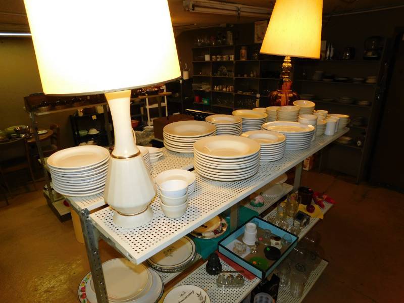 lot 96 image: Shelving Unit & All Items On Them---Two LampsDishesJim Beam &  Fireball Straw & Napkin Holders, Etc.