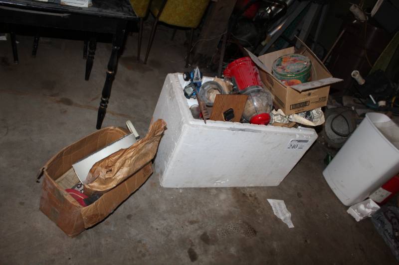lot 240 image: Silverware, Hair Dryer, Gumball Machine, Shelves, Lamp