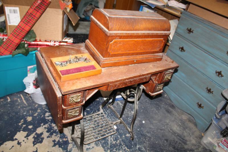 lot 308 image: Wheeler & Wilson Sewing Machine Table w Accessories