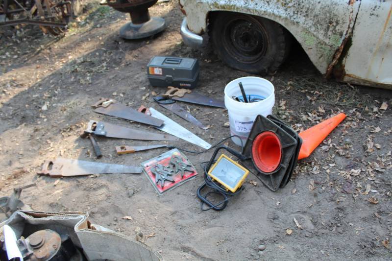 lot 375 image: Cones, Tools, Trouble Light, Clamps, Hand Saw
