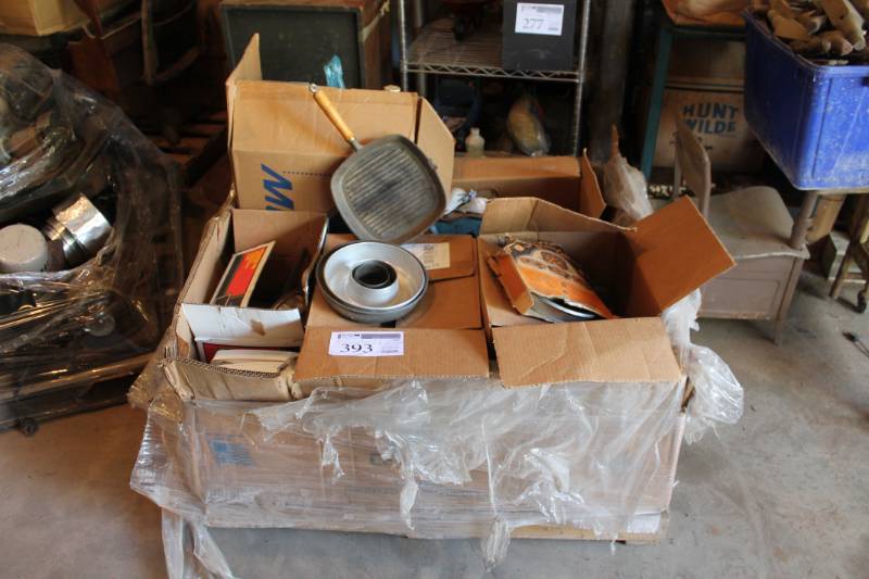 lot 393 image: Vintage Cookware, Fruitcake Pans, Scale, Pans, Cast Iron Pans, Mats, Cookie Jar, And More