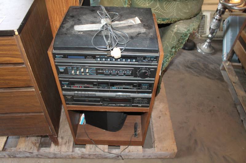 lot 394 image: Entertainment Stand, Panasonic Component System - LP Player, Cassette Deck, CD Player, Amplifier, FMAM Stereo, Speakers