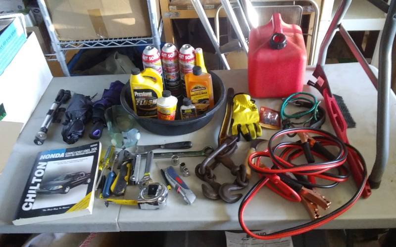lot 8 image: Box Lot Of Automotive Related Jumper Cables, Drain Pan, Load Binder, More