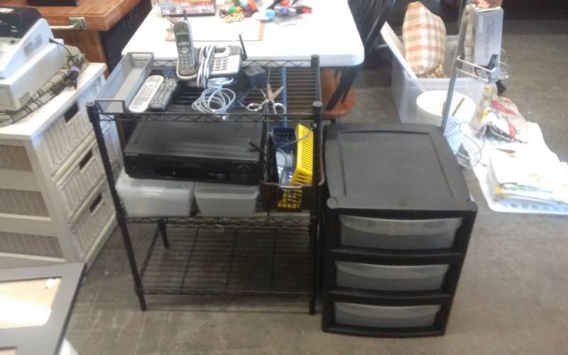 lot 50 image: 3-Tier Shelf, Sony VCR With Remote, 3-Drawer Plastic Organizer, Cordless Phone, Organizer Bins, Misc