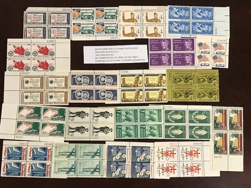 (20) Different Mint US Stamp Plate Blocks