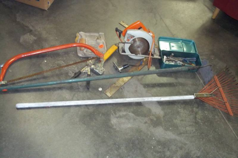 lot 60 image: Assorted Tools with Rake, saw and more