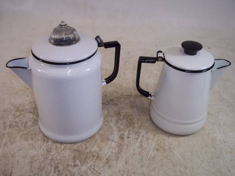 lot 73 image: Pair of White Enamel Coffee Pots