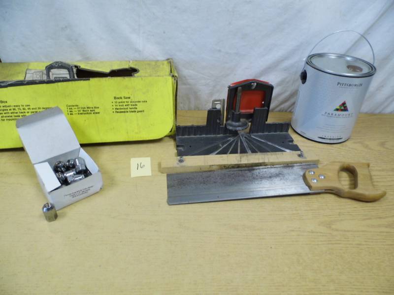lot 16 image: Miter Box - Gallon Paint - Lug Nuts
