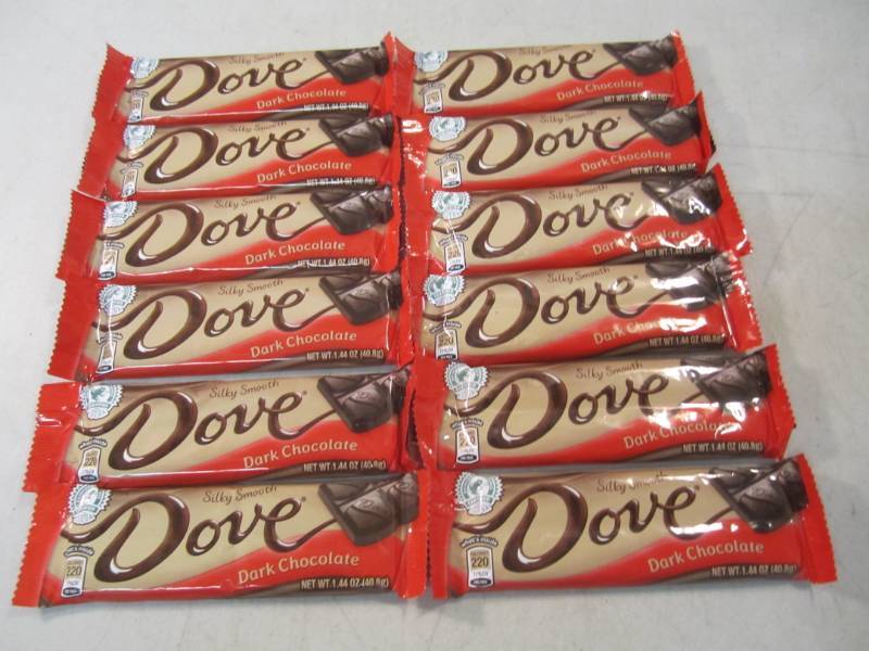 lot 196 image: 12 Dove Dark Chocolate Candy Bars B...