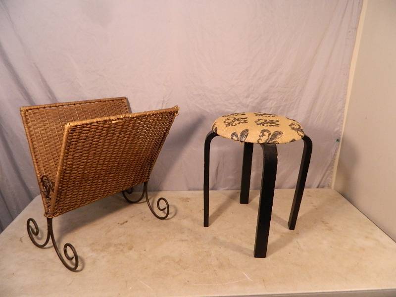 lot 151 image: Cute Stool and Wicker Magazine Holder